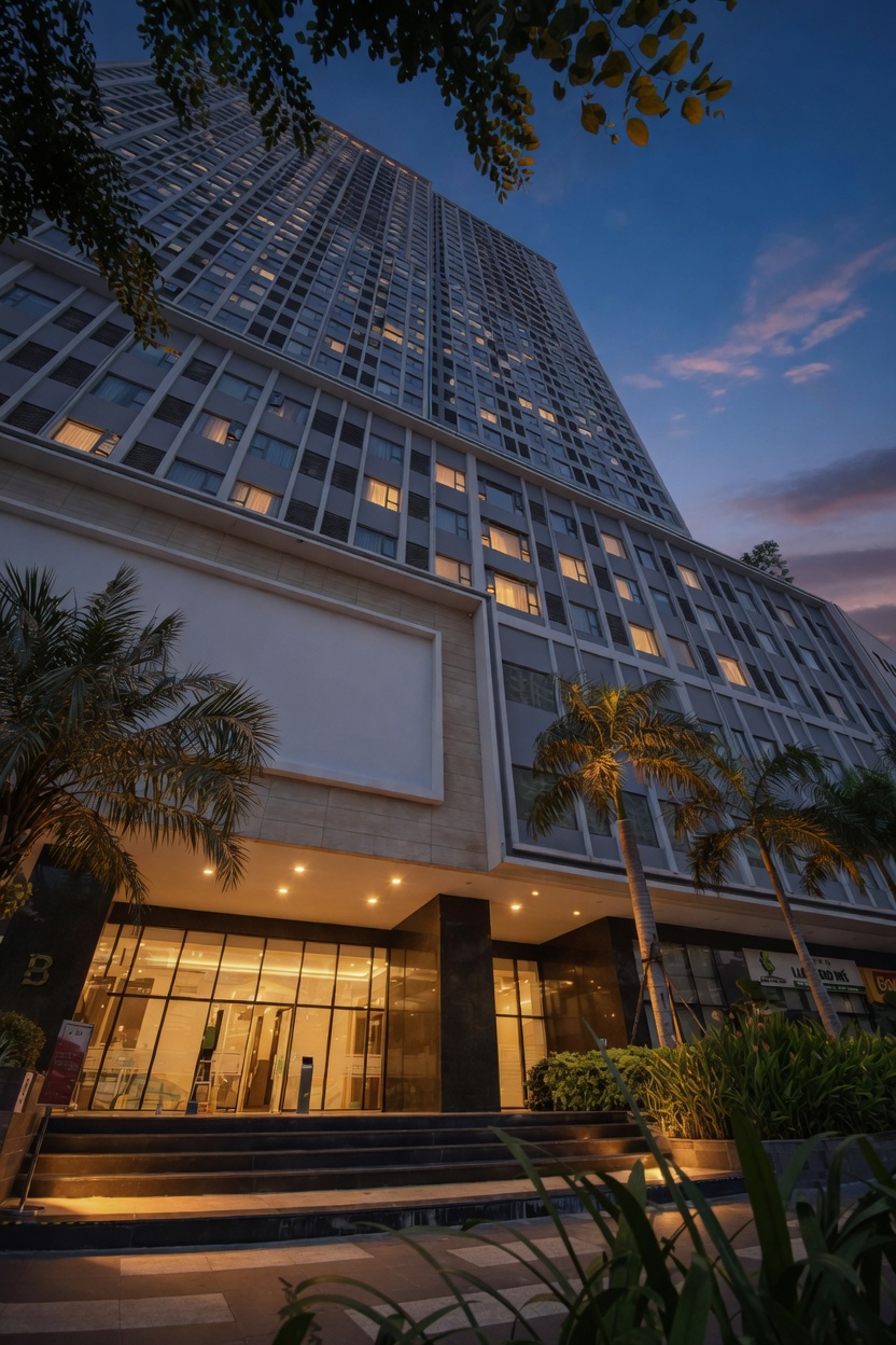 Sảnh RiverGate Residence lúc chạng vạng, 151–155 Bến Vân Đồn