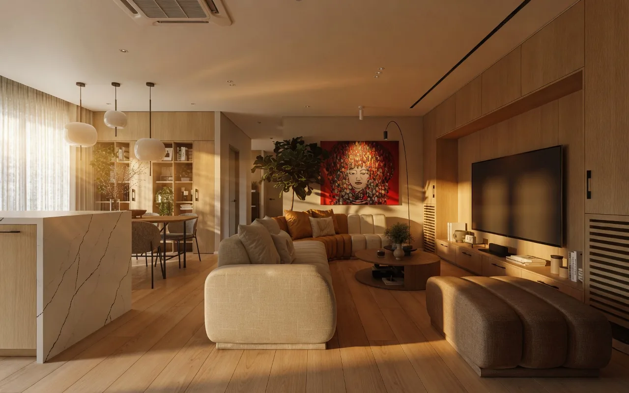 New RiverGate residence living room with designer sofa and art