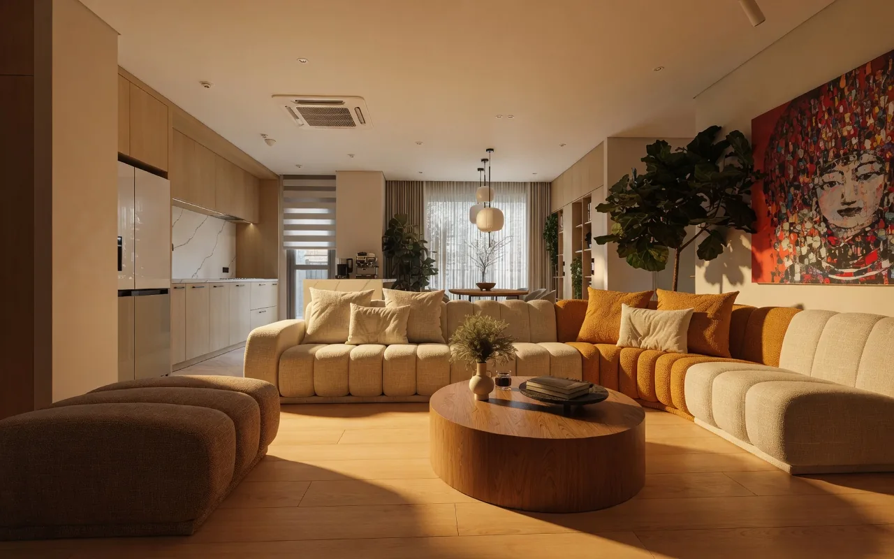 Designer sofa and kitchen island