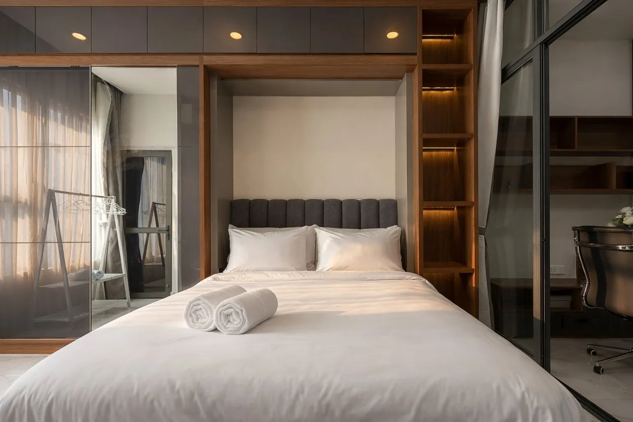 Master bed with linen rolls