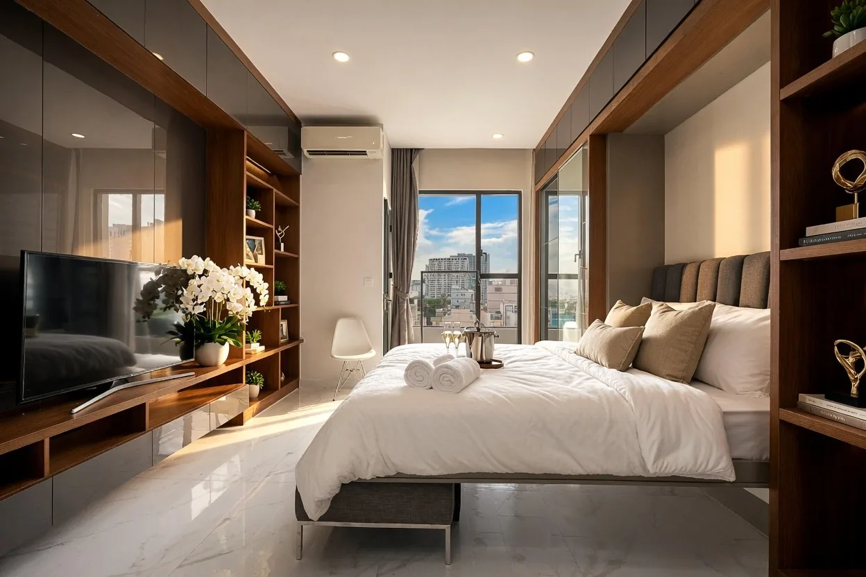 Luxury suite with city view and champagne