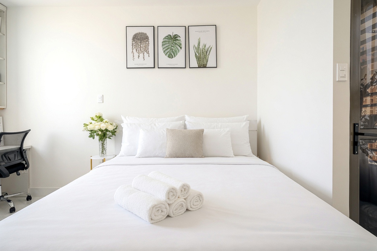 Bright RiverGate studio bedroom with white bedding and towels
