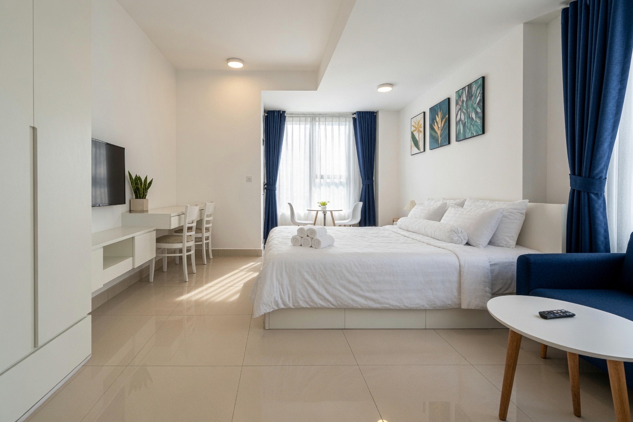 Bright RiverGate studio with blue curtains, bed and small sitting area