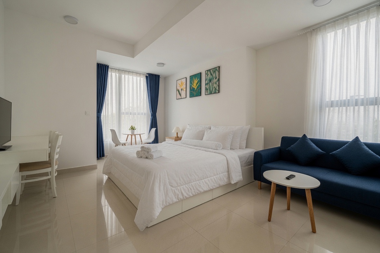 RiverGate studio with white bed, blue sofa and soft daylight