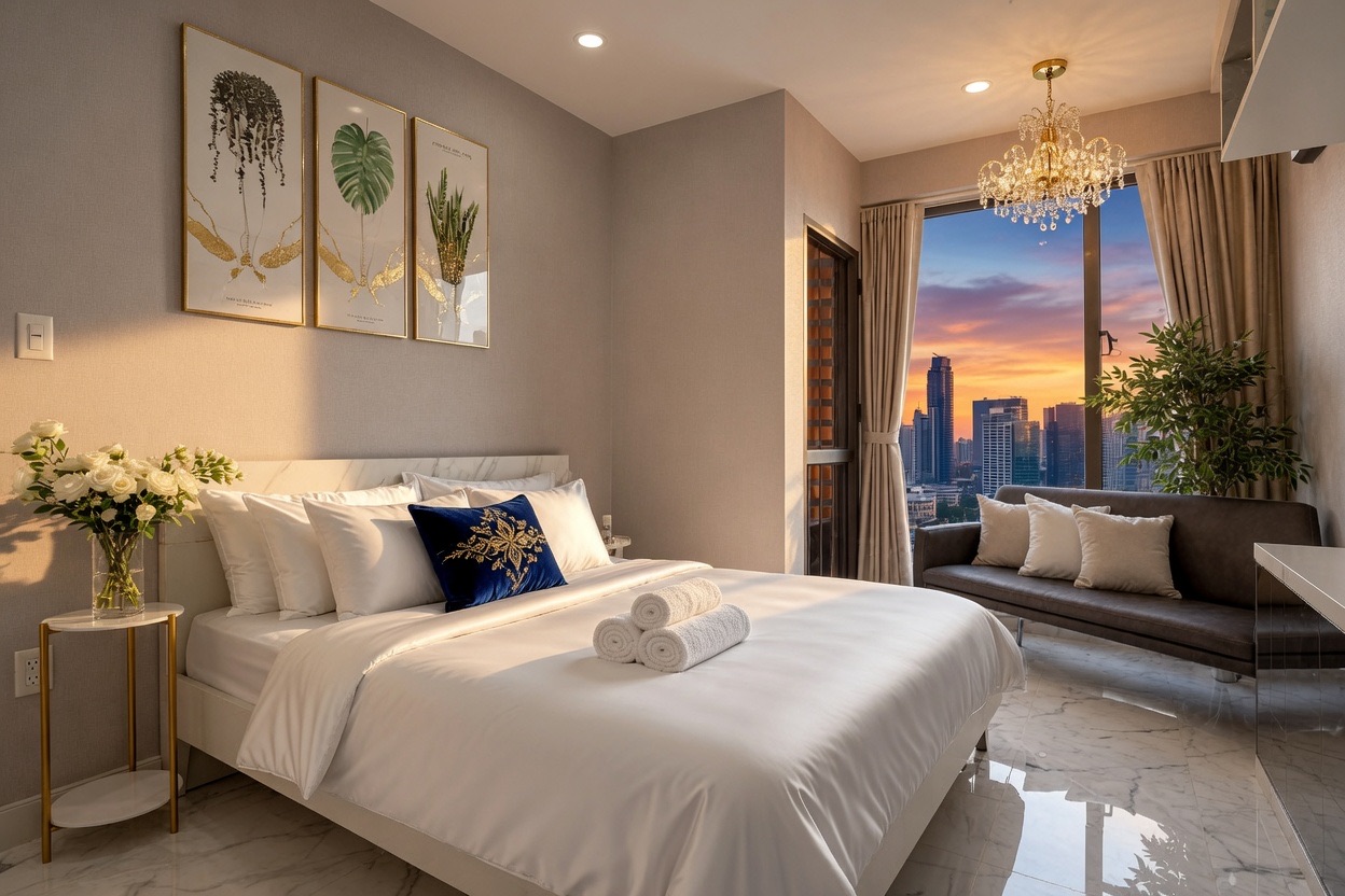 Golden hour light in an MKA Summerset RiverGate studio bedroom